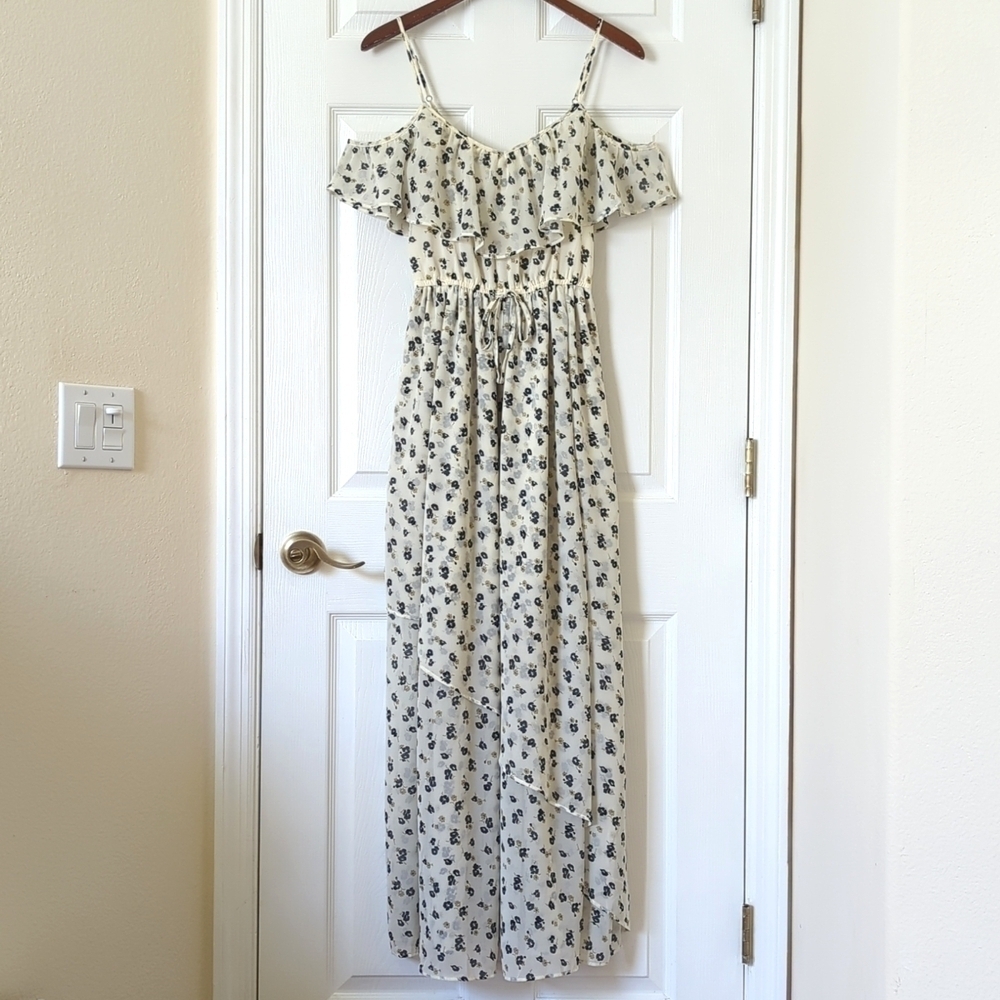 Abercrombie & Fitch Floral Chiffon Cold Shoulder A-Line Maxi Dress Ivory Navy S